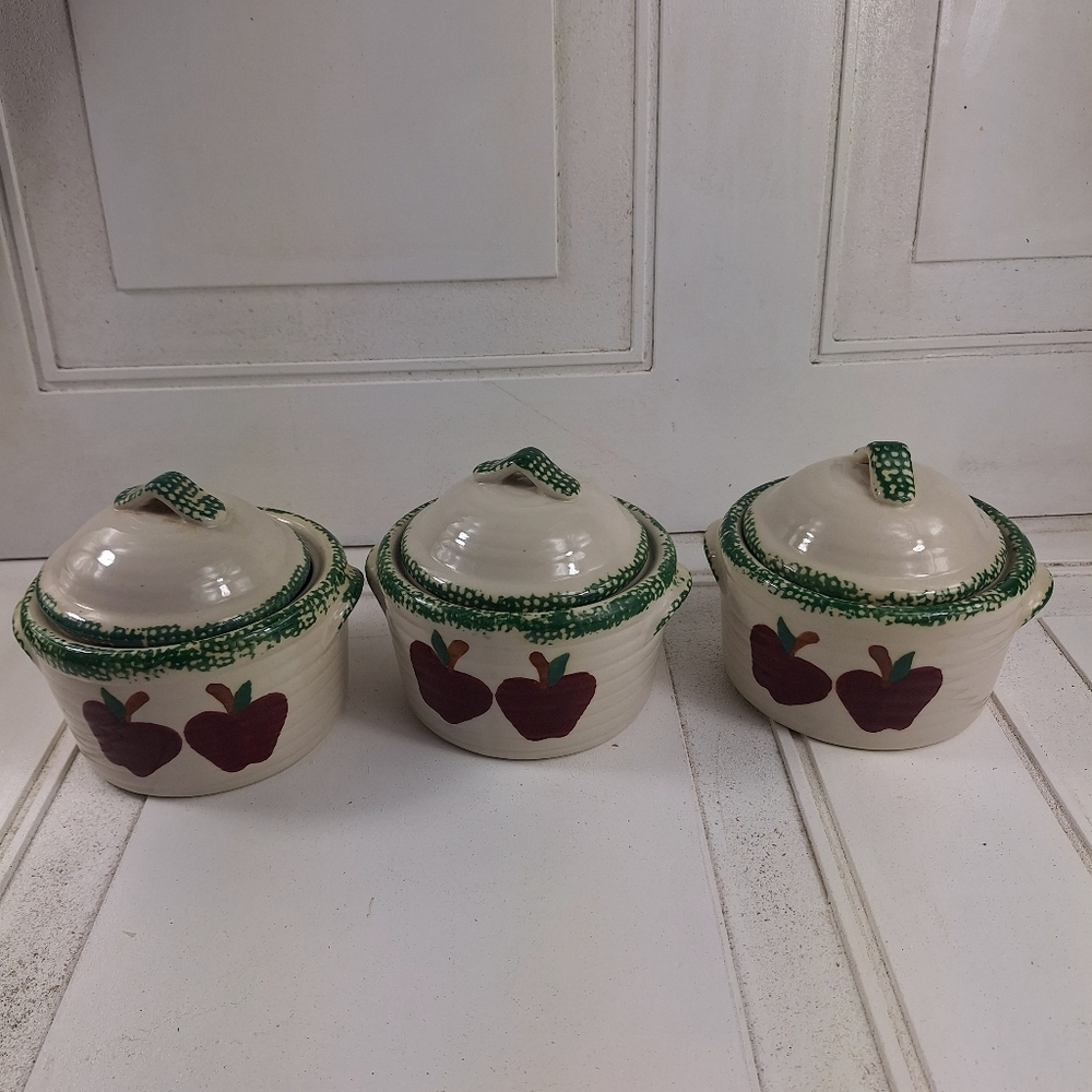 Vintage Handcrafted Ceramic Red Apples with Green Casserole Dishes with Lids